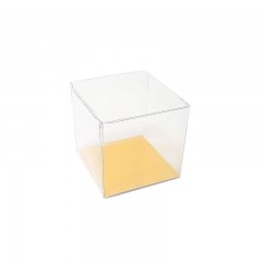 Étui cube en PVC transparent avec fond carton or 7,8 x 7,8 x 7,6 cm - par 25